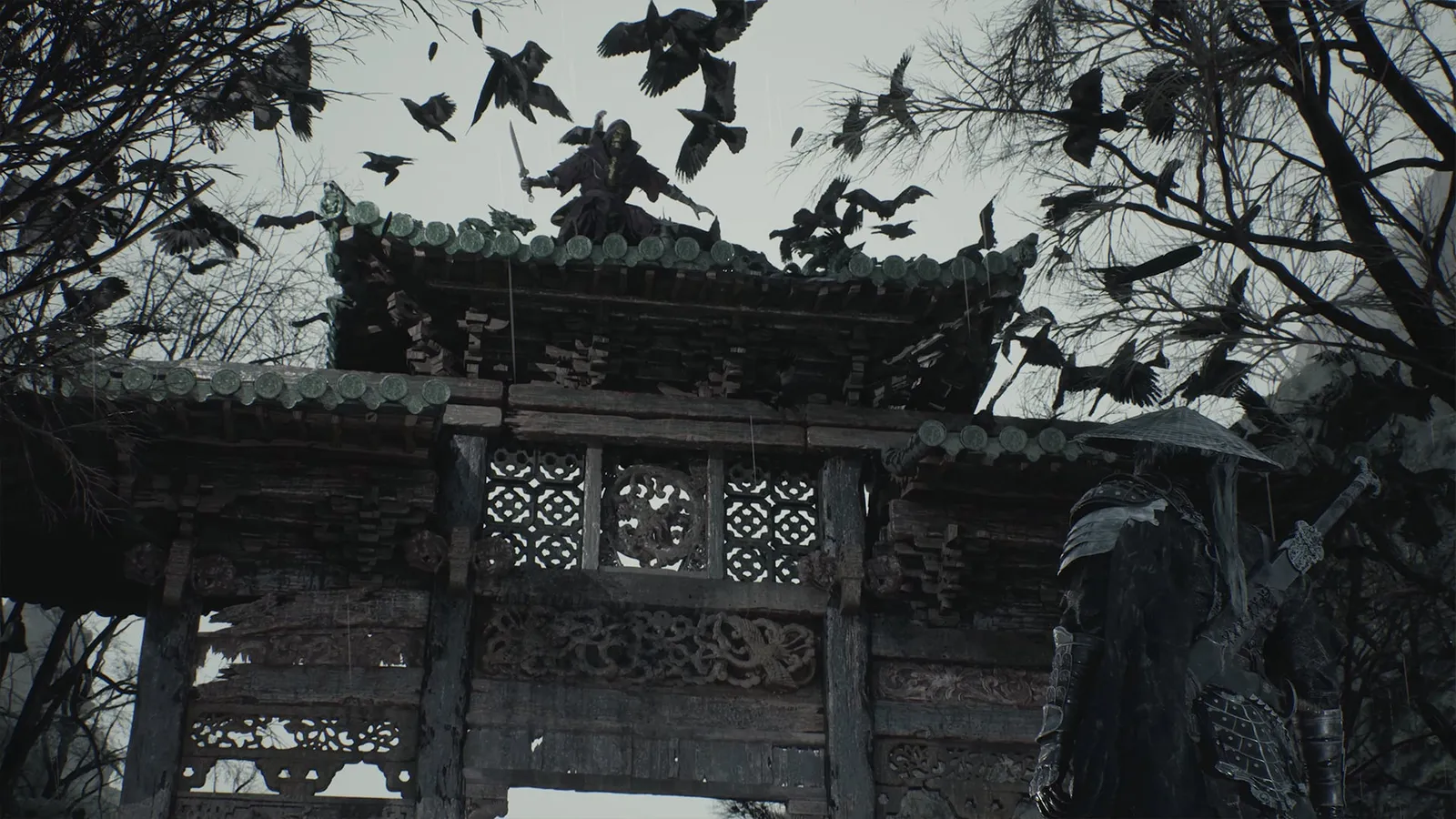 Crows scatter over a carved wooden archway gate while a hooded fighter crouches on the roof and the swordsman looks up from the right.