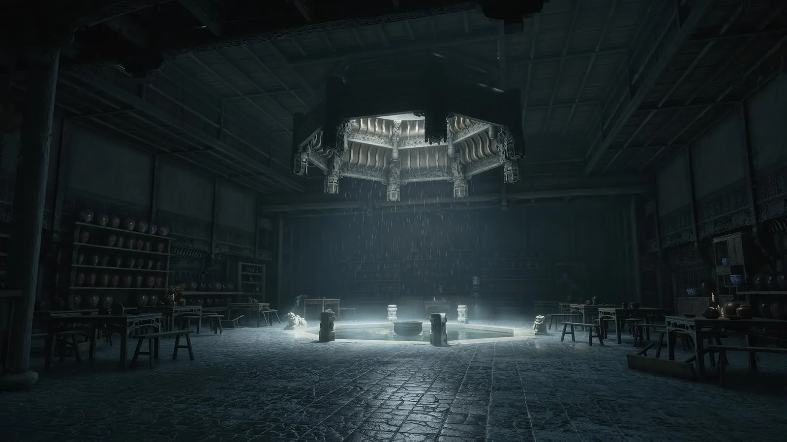 Large dim hall with shelves of jars, long tables and a glowing pool beneath an ornate octagonal ceiling lamp.