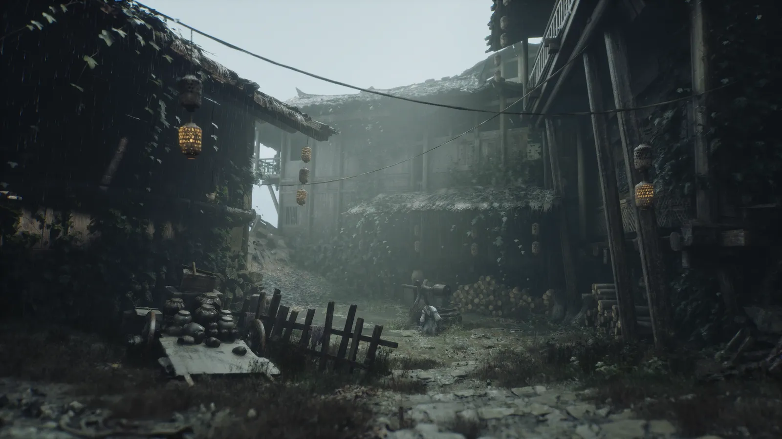 Misty overgrown village alley with ivy-covered houses, stacked firewood, broken fence and glowing lanterns.