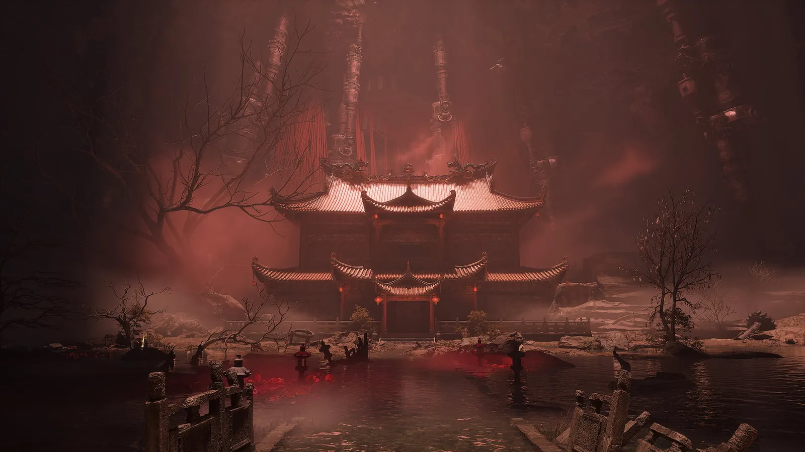 Multi-roofed temple hall across a flooded courtyard under crimson mist, with bare trees and red banners.