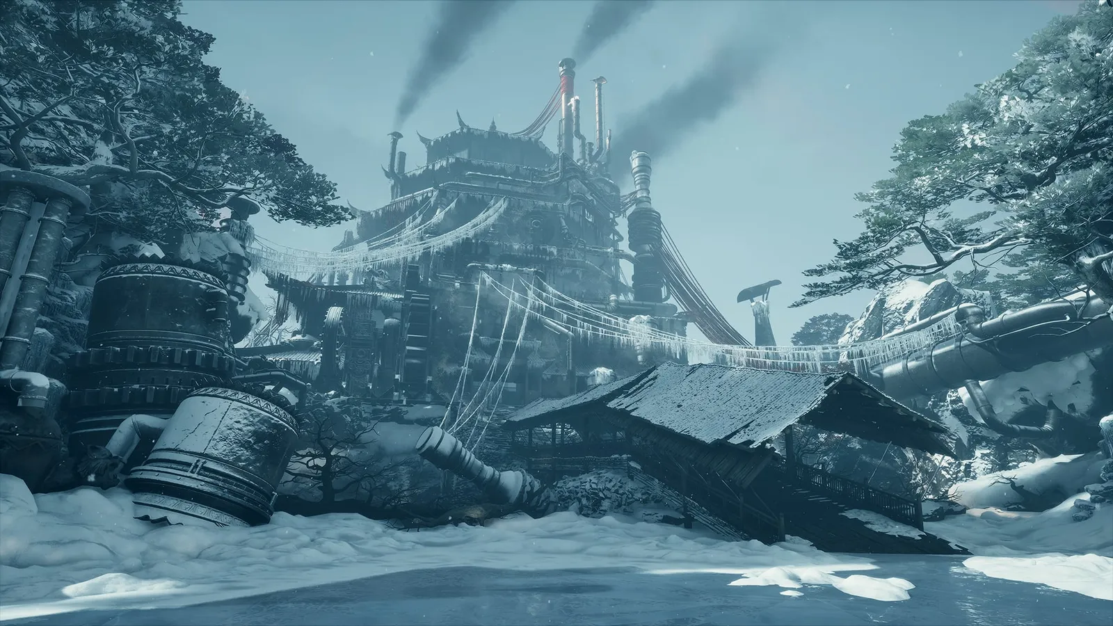 Snow-covered forge settlement with a smoking multi-tier pagoda tower, rope bridges and large pipes under a pale sky.