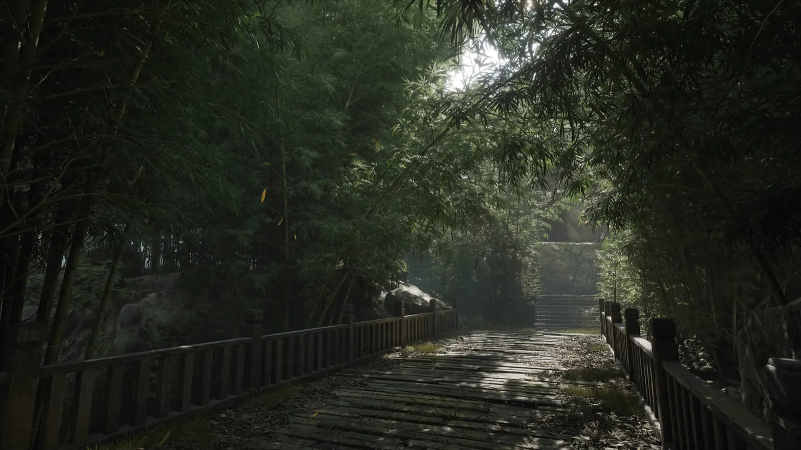 Sunlit bamboo forest with a wooden boardwalk, fence rails and stone steps leading up through green light.