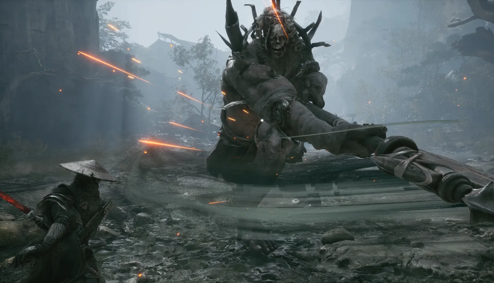 A towering scarred giant sweeps a huge spear-like weapon across a stream bank while the swordsman crouches at left and orange streaks fly.