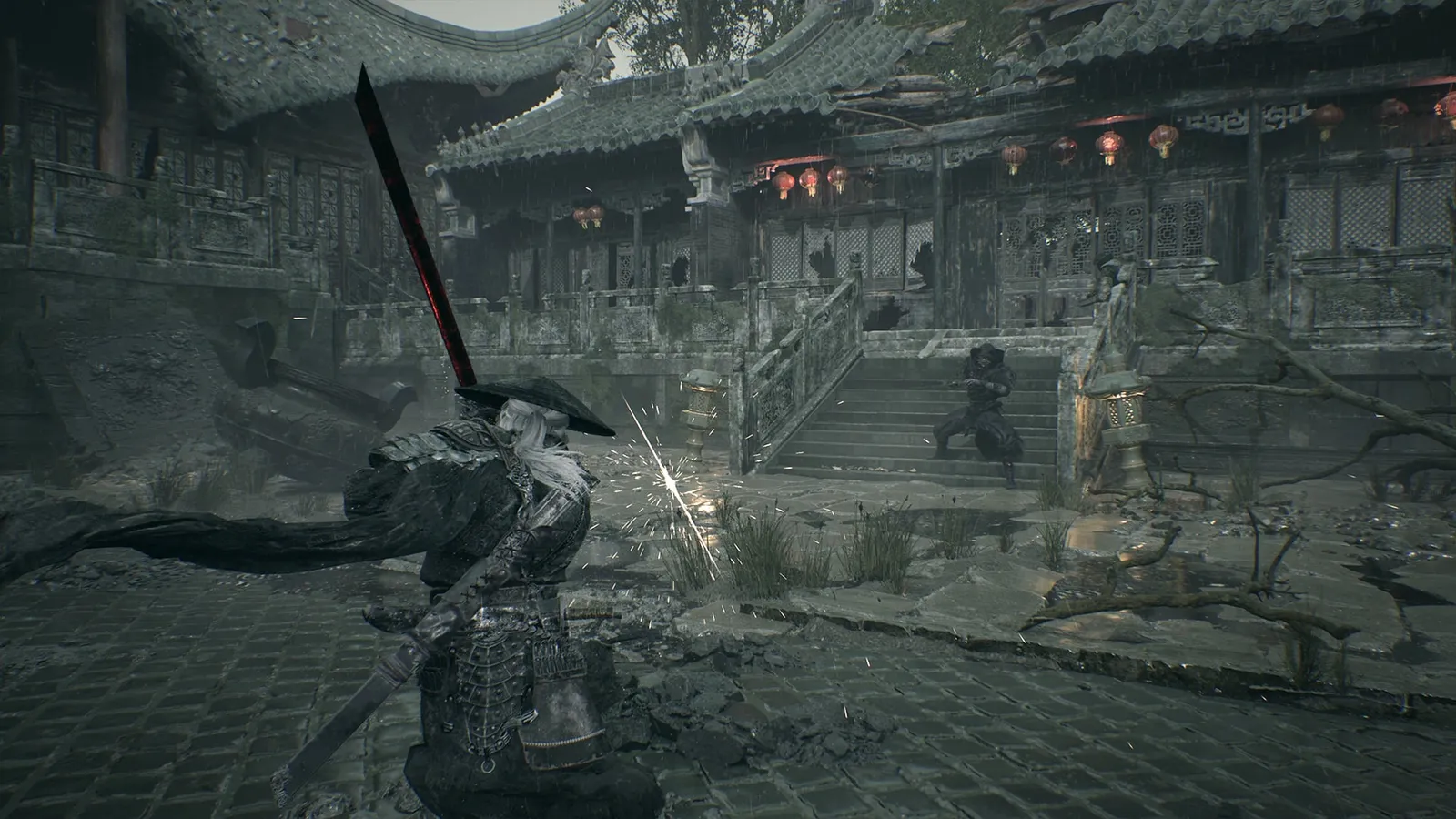 The swordsman swings a very long black-and-red blade in a rain-lashed ruined courtyard as sparks fly from a hit and a foe waits on the steps.