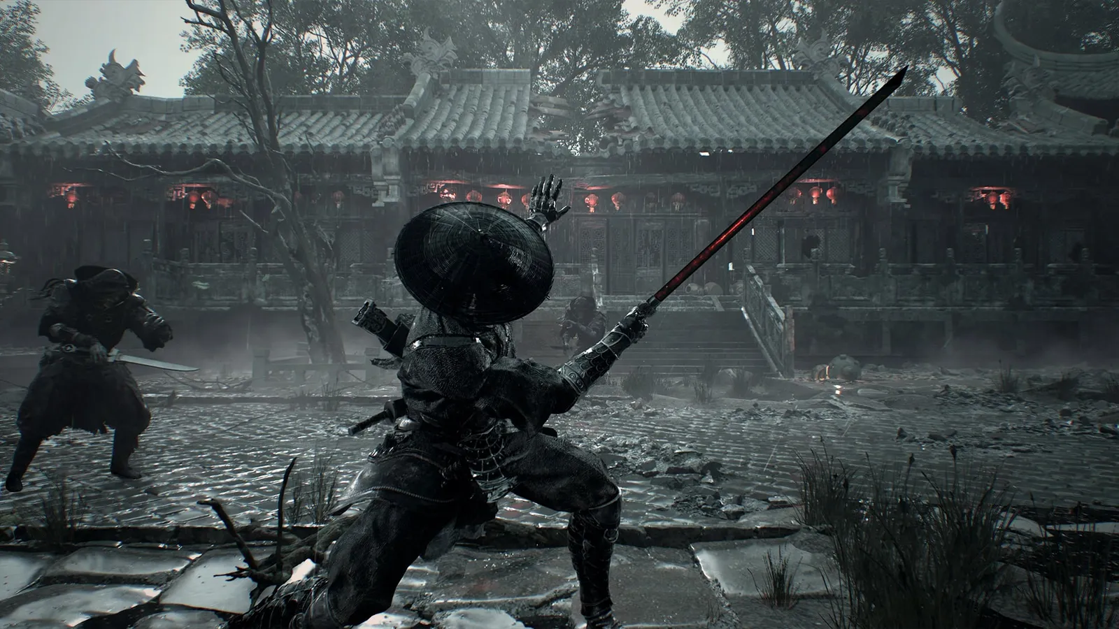 The swordsman raises a long red-edged blade in a wet stone courtyard while a masked fighter lunges from the left and another waits in mist.