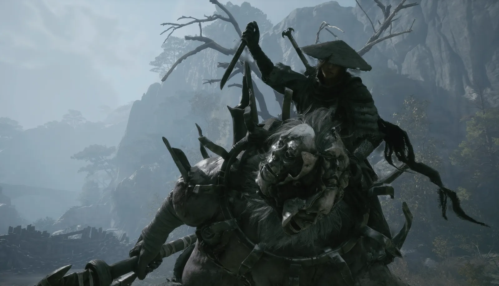The swordsman leaps onto the shoulders of a spiked, hunched giant, a dagger raised, on a misty cliffside.