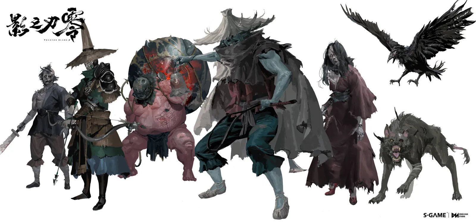 Official concept lineup of foes on white: a masked swordsman, a pale pot-bellied brute, a tall robed figure with a cloth hat, a woman in a dark robe, a crow and a hound.