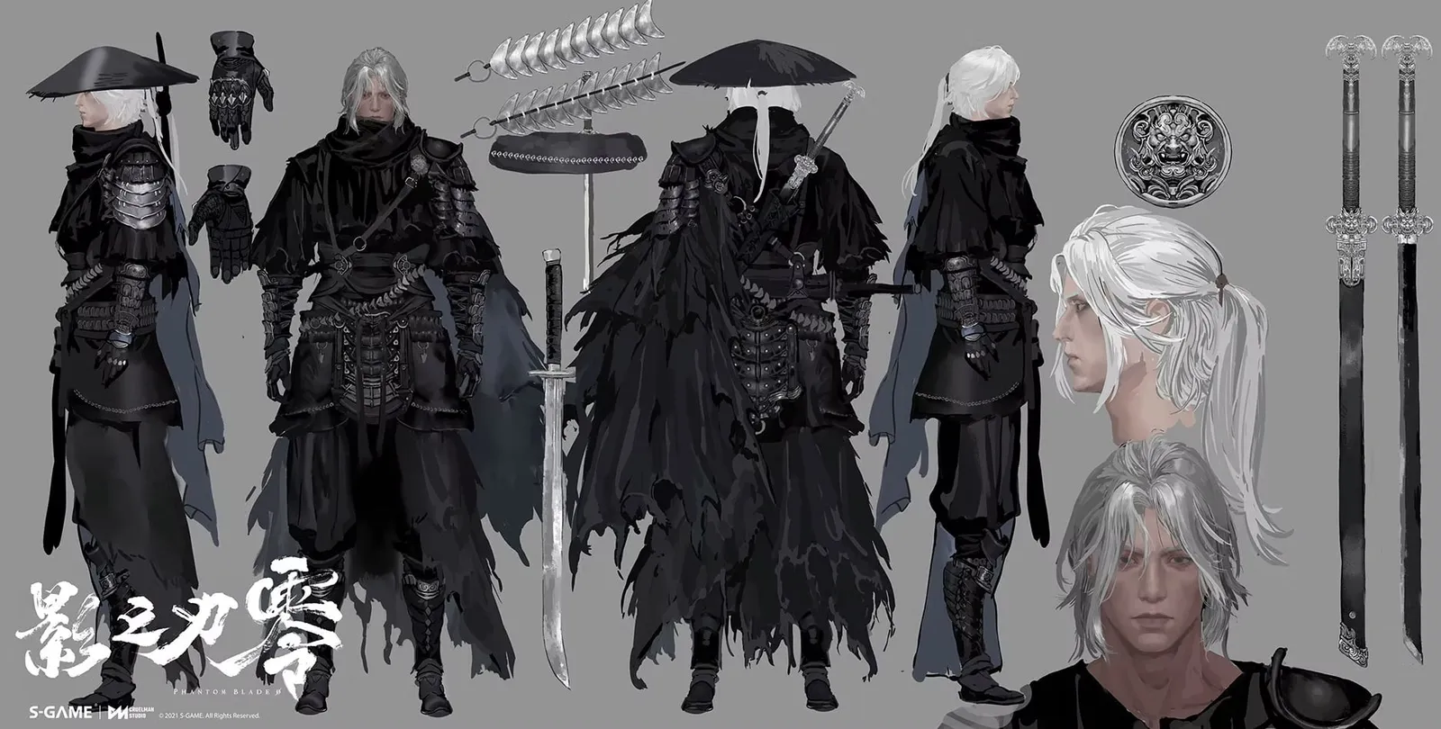 Official concept sheet of the straw-hat swordsman from several angles with face studies, a segmented chain, a round emblem and two long blades.
