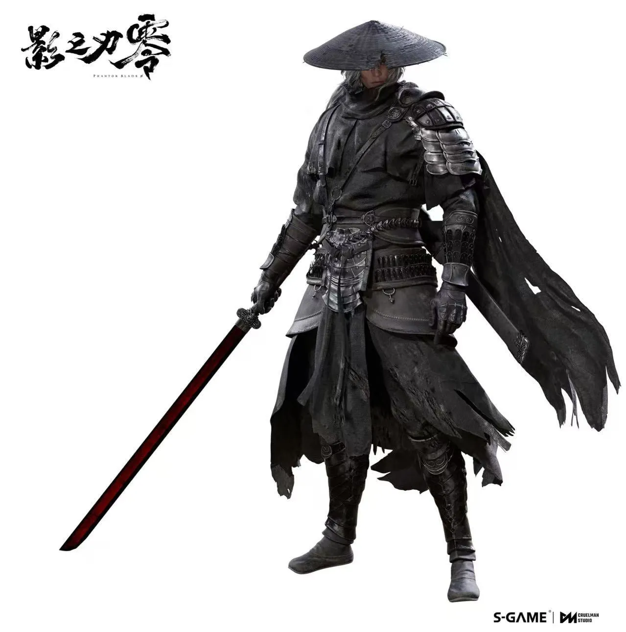 Official concept render of the straw-hat swordsman standing in layered dark armour and a tattered cape, holding a long red-edged black blade.