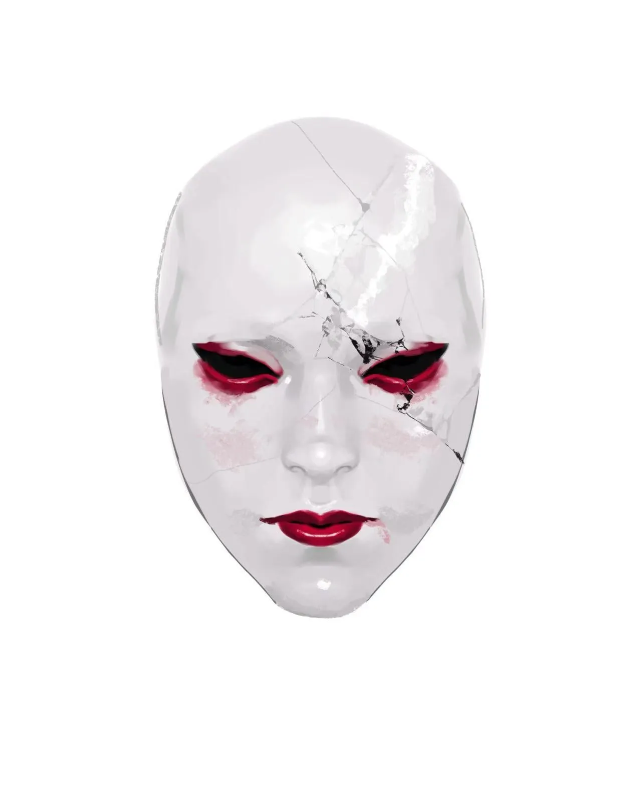 Official concept render of a white mask with a crack across one side, dark red eye shadow and red lips.