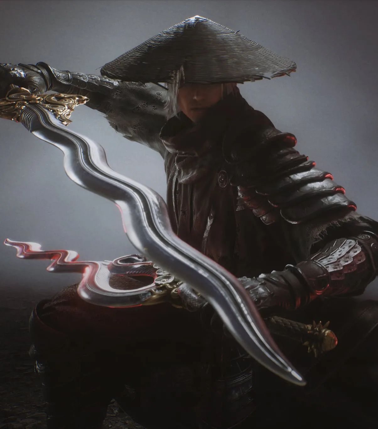 Close-up of the straw-hat swordsman gripping a long wavy, snake-shaped blade with a red-trimmed hilt guard.