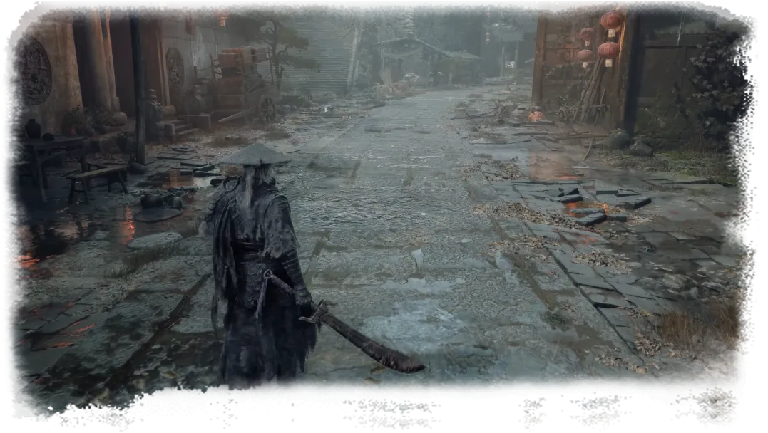The swordsman walks a rain-wet stone street between old wooden buildings in the town of Pangzhen.