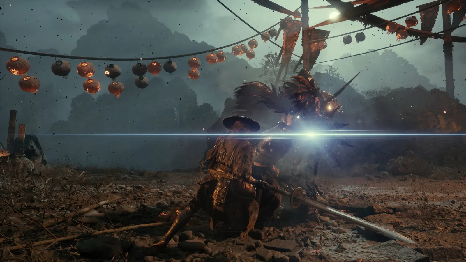 A blue spark flashes as the swordsman parries a horned, feathered warrior under strings of red lanterns at dusk.
