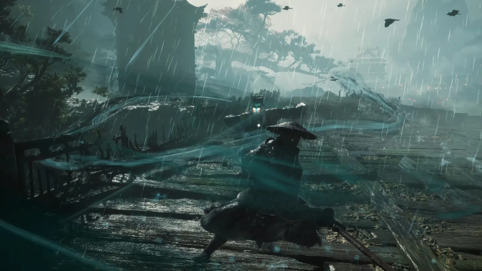 The hero slashes through teal wind and rain against a glowing-masked jiangshi-style foe on a ruined wooden bridge.