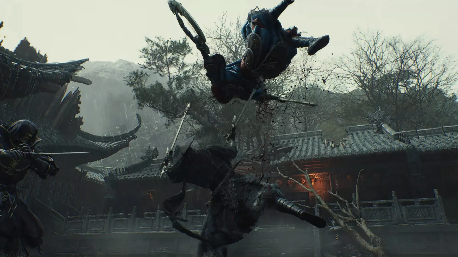 Swordsman and masked foes clash in a rainy temple courtyard as one enemy is kicked into the air mid-fight.