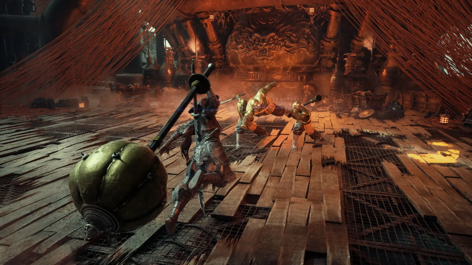 The hero swings a huge spiked gourd mace at gold-skinned monks in a furnace hall hung with red threads.