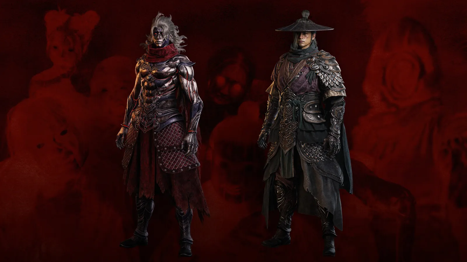 Two armoured swordsman outfits side by side on a dark red background: one silver-plated with a red scarf, one with a straw hat and scaled shoulder armour.