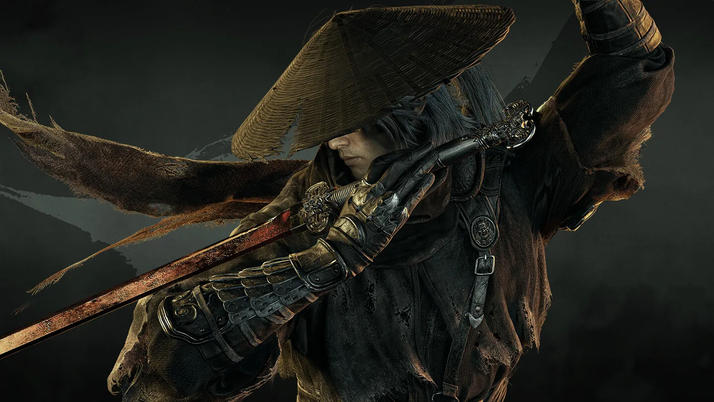 Key art of Soul, the straw-hat swordsman, gripping a bloodied blade under a tattered cloak against a dark backdrop.
