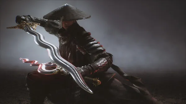 Cloaked swordsman in a straw hat holds a wavy, serpent-like sword in misty gray light.
